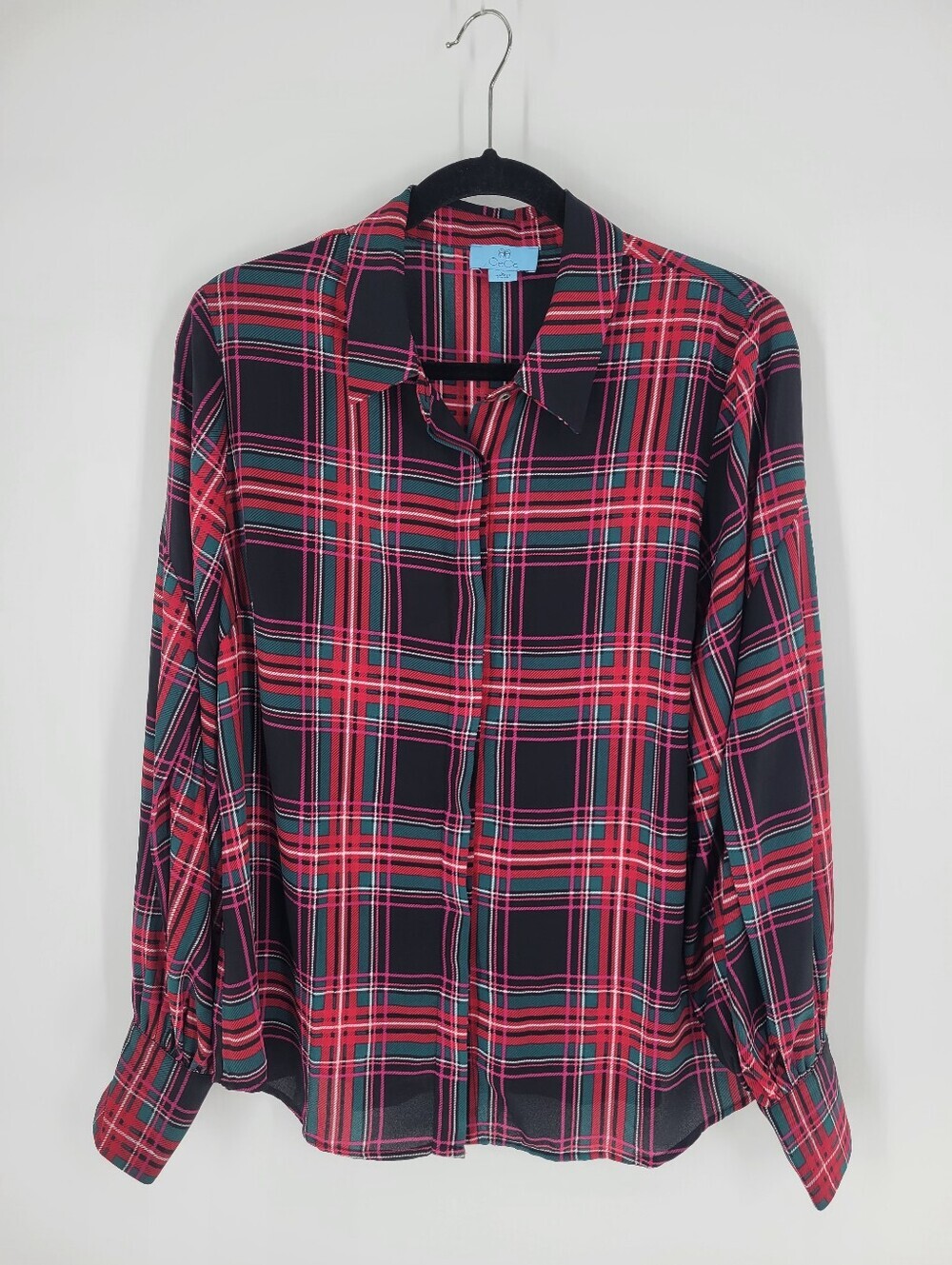 Cece Plaid Button-Up Blouse in Black and Red Size L